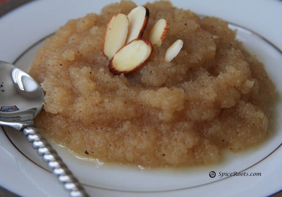 Sooji Halwa topped with almonds