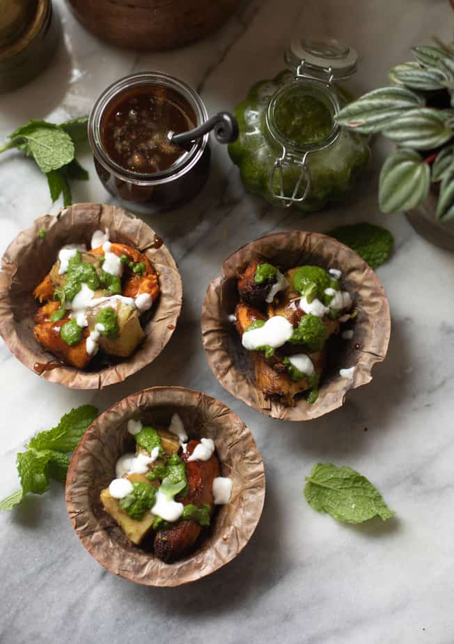 Environment friendly bowls made of dried leaves used as a serving dish for chaat